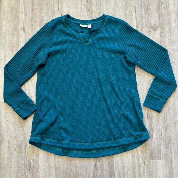 LOGO Lounge by Lori Goldstein Cloud Waffle Knit Split Neck Top‎ Green Large - Picture 1 of 12